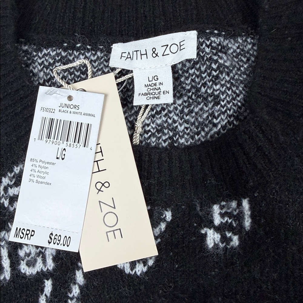 NWT Faith & Zoe Wool Blend Leopard Jaguar Print Sweater Black White Large - Picture 4 of 5